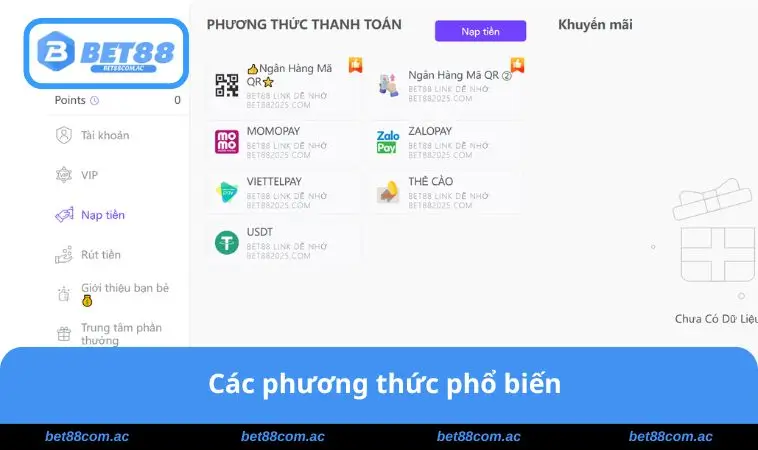 Nạp Tiền BET88 1 Các phương thức phổ biến